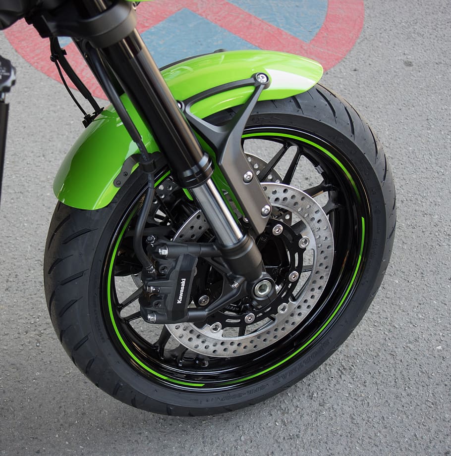 motorcycle, front wheel, brake system, disc brake, kawasaki, HD wallpaper