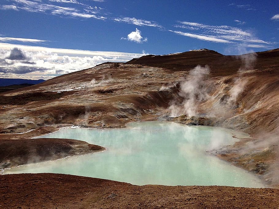 volcano, lake, volcanic activity, crater, iceland, landscape, HD wallpaper