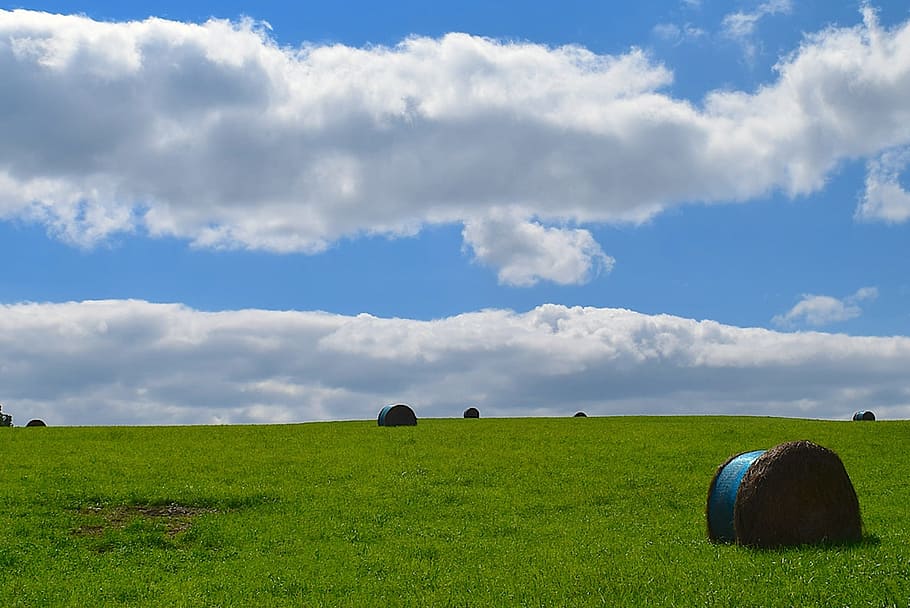 field, green, sky, clouds, blue, hay, landscape, summer, nature HD wallpaper