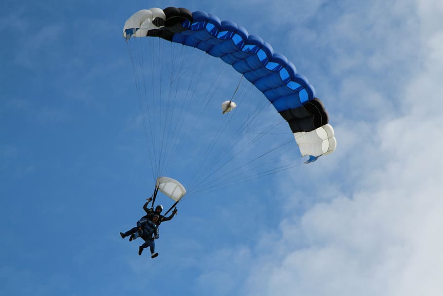 man at blue and white parachute, adventure, dom, fun, jumping HD wallpaper