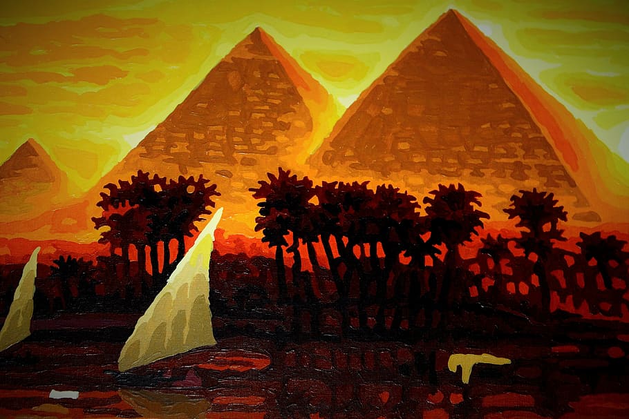 white sailboats and red-and-black trees near brown pyramids paintings