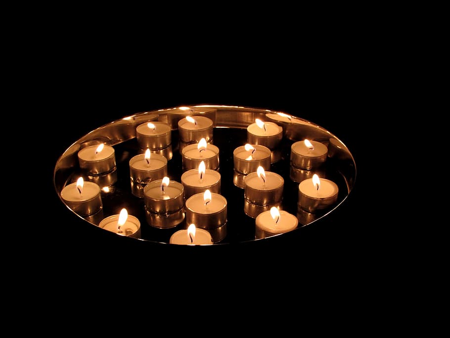 tea lights, candles, burn, wax, tealights on plate, heat, flame HD wallpaper
