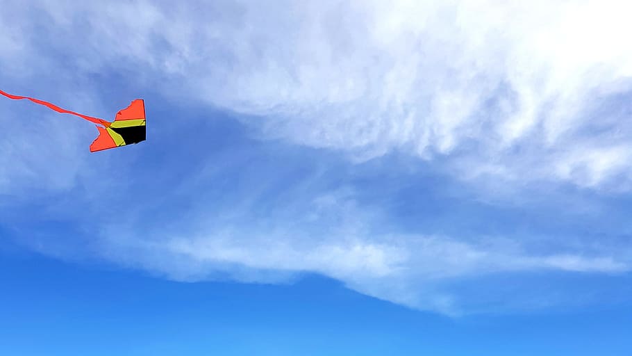 sky, sky blue, sky with clouds, kite, cloud - sky, flying, kite - toy HD wallpaper