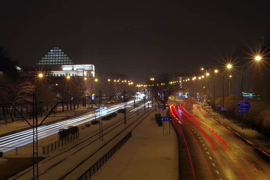 City, Night, Light, Winter, Street, transport, tram, warsaw HD wallpaper