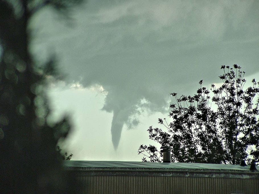 silhouette of trees under cloudy sky, tornado, funnel cloud HD wallpaper