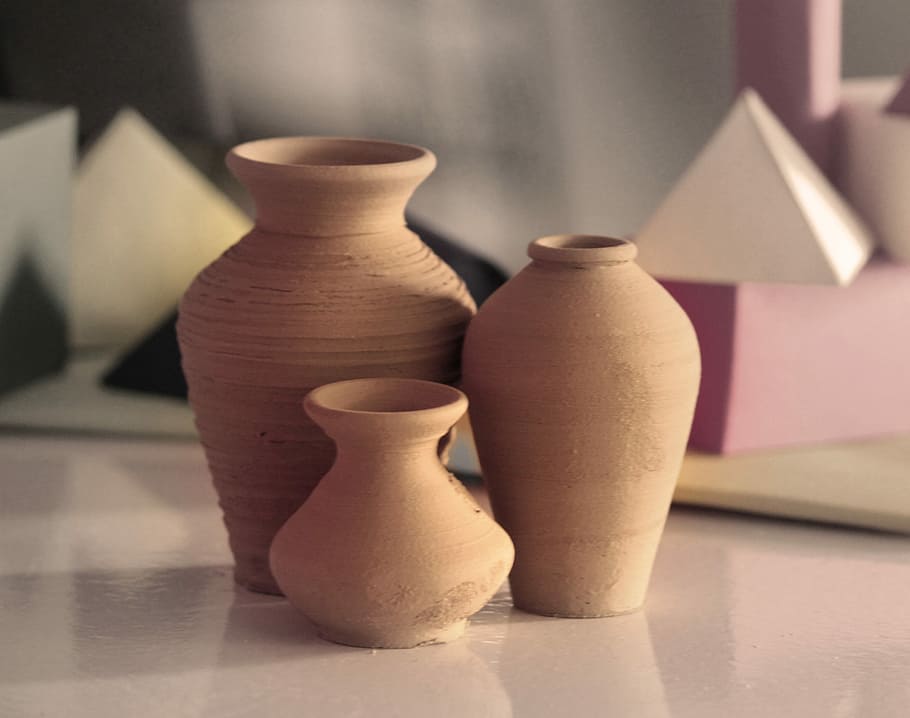 three brown mud vases, pot, pottery, clay, craft, art, ceramics HD wallpaper