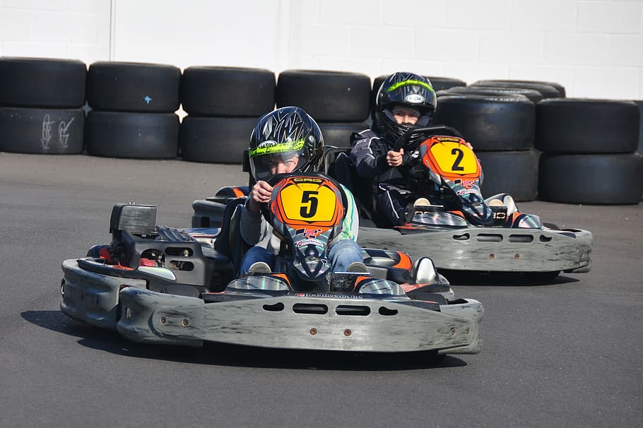 children riding black-and-gray go-karts, karting, circuit, kart track, HD wallpaper