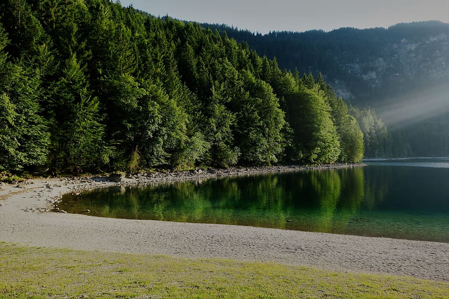 eibsee, abendstimmung, beach, forest, mountain lake, sunset HD wallpaper