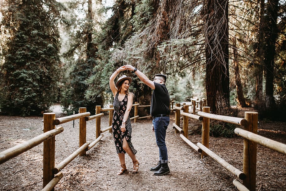 man and woman dancing between brown wooden handrails, Surprise Proposal in the Redwoods!, HD wallpaper