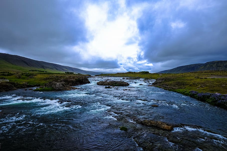 cascade, current, dark clouds, daylight, flow, gloomy, grass HD wallpaper