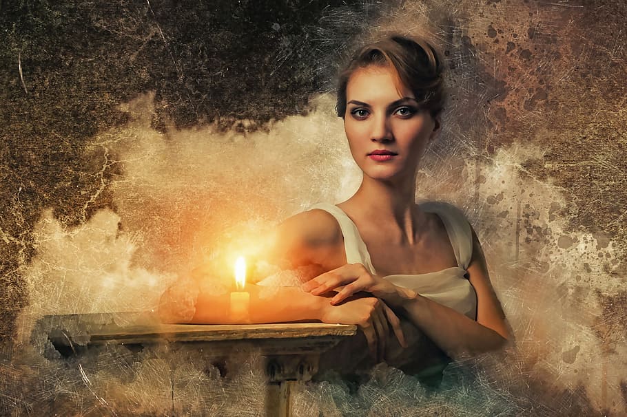 woman in white sitting on chair with white candle, gothic, fantasy HD wallpaper