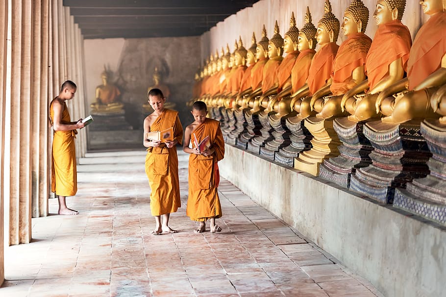 three monks walking on alley beside statues, พระ, book