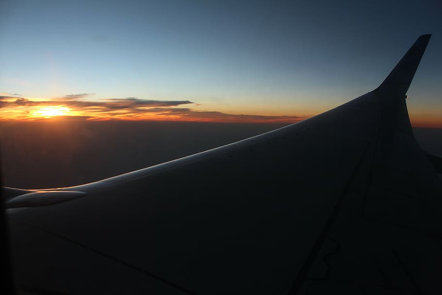 airplane, cabin, display window, fly, orange sky, sunset, sunlight