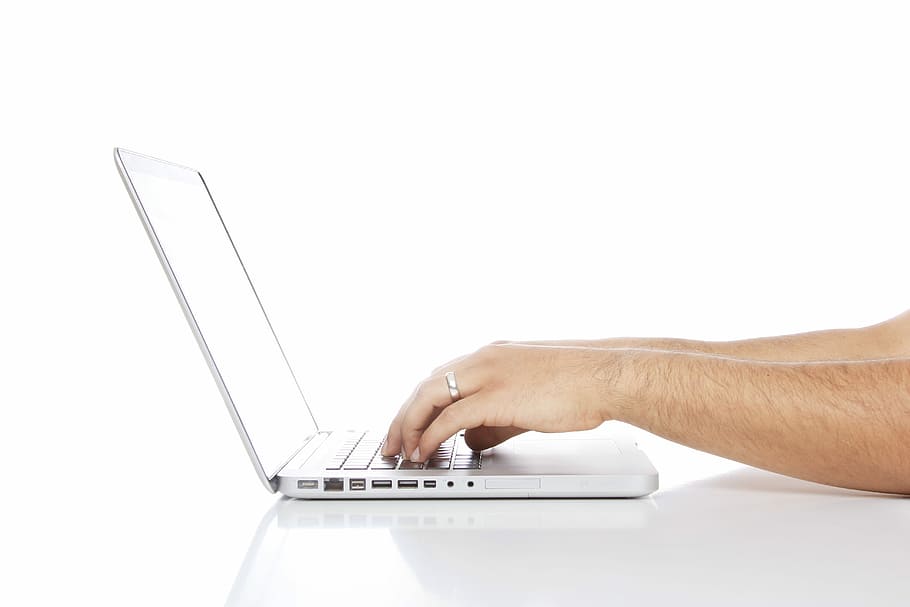 person using silver laptop computer, person typing on laptop HD wallpaper