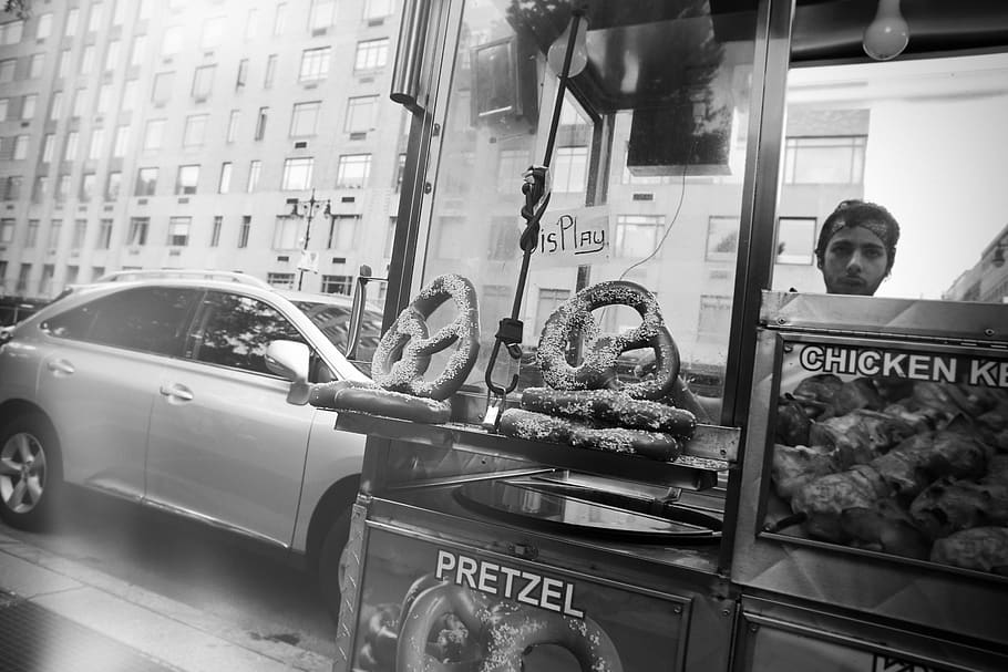 pretzels, stand, vendor, food, street, city, urban, lunch, snack, HD wallpaper