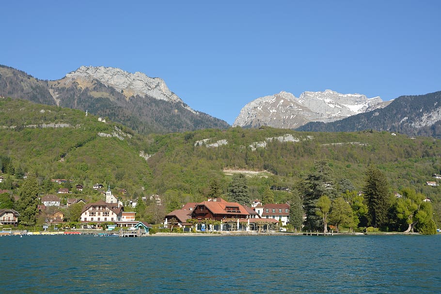 Annecy, Lake, Nature, France, Panorama, holiday, blue, mountain, HD wallpaper