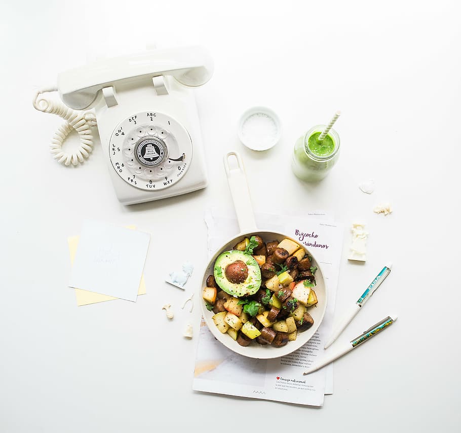 white rotary telephone beside foods, fruit, salad, bowl, pens, HD wallpaper