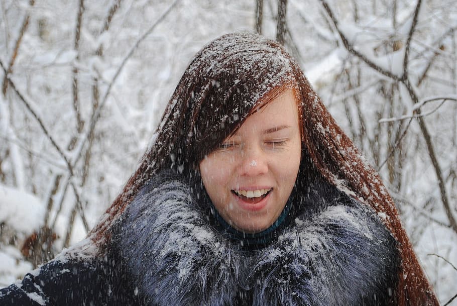 winter, coldly, snow, portrait, woman, person, lovely, snowflake HD wallpaper