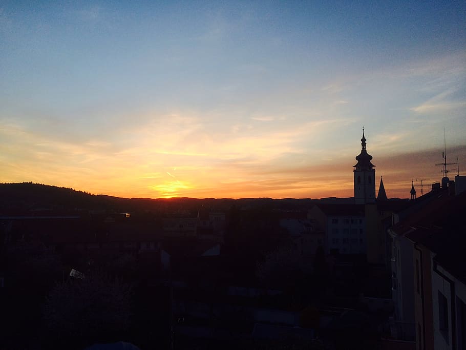 evening, church, sunset, sky, clouds, west, dawn, horizon, romance HD wallpaper