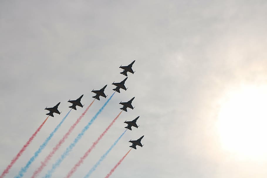 aircraft at sky, air show, republic of korea, eagle, plane, fighter, HD wallpaper