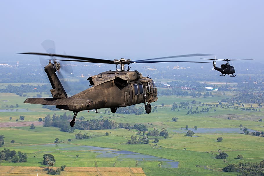 Brown Helicopter Flying Above Green Field during Daytime, aviation HD wallpaper