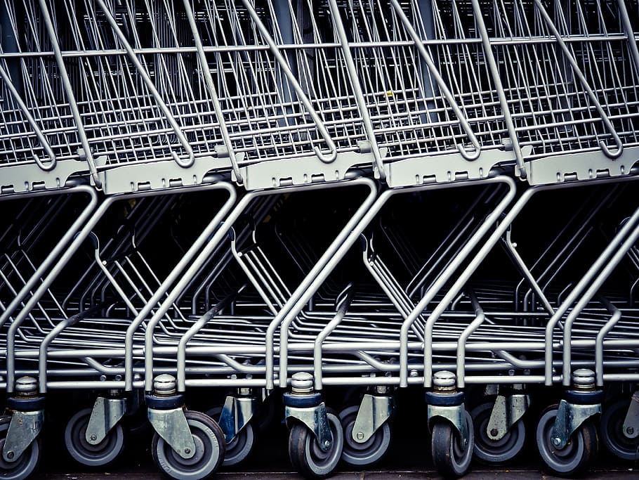 white shopping cart stacked, supermarket, purchasing, trolley, HD wallpaper