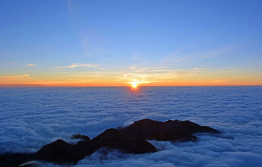 silhouette photo of mountain during noontime, sunrise, dawn HD wallpaper