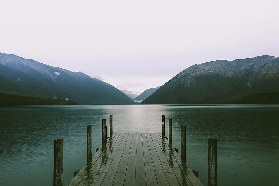 mountain, highland, cloud, sky, landscape, view, pier, water HD wallpaper