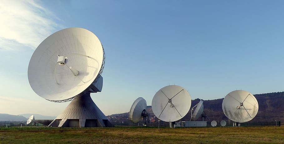 white satellite receivers, radar dish, earth station, fuchsstadt