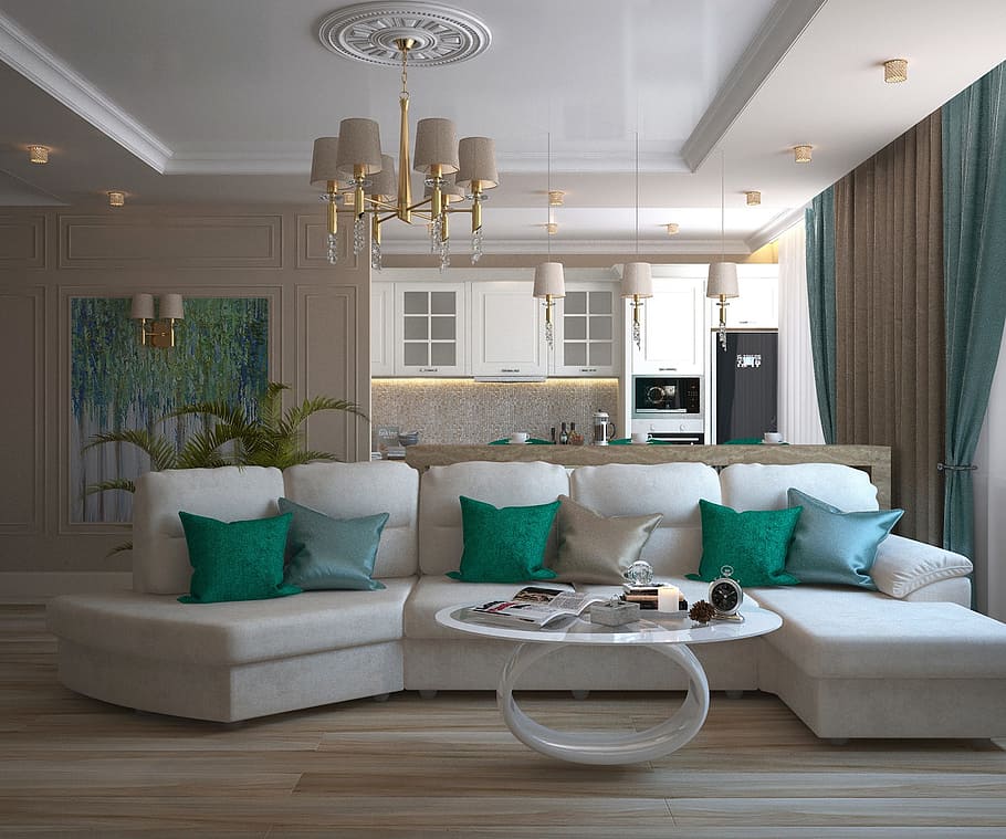 white fabric sectional sofa inside house, interior design, lounge HD wallpaper