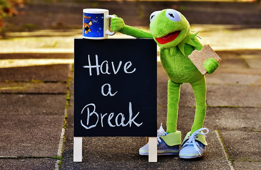 Have a Break chalkboard beside frog plush toy holding mug, kermit