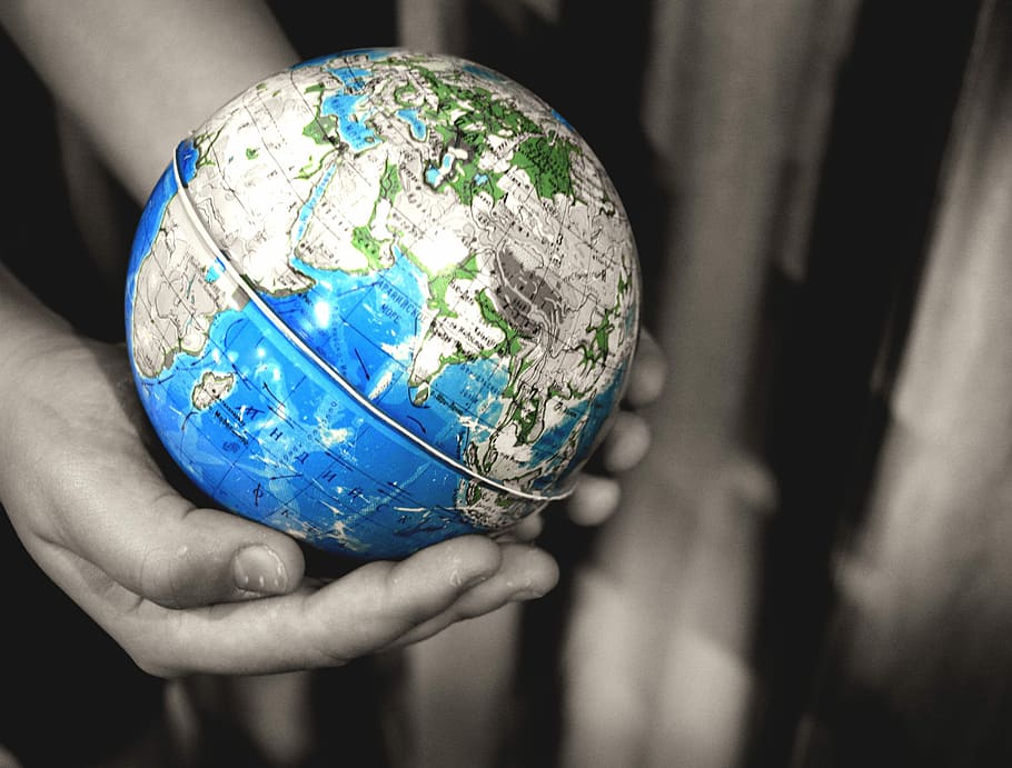 selective color photography of person holding desk globe, Hands HD wallpaper