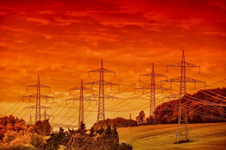 brown transmission towers, landscape, nature, mood, electricity, HD wallpaper