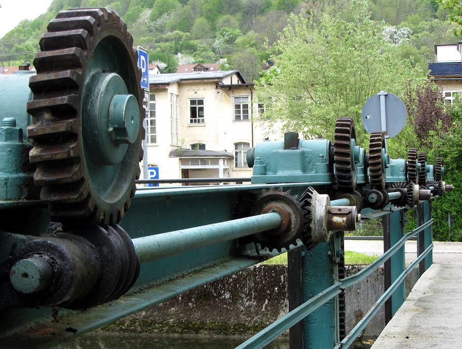 technology, gears, weir, metal, machinery, day, no people, architecture