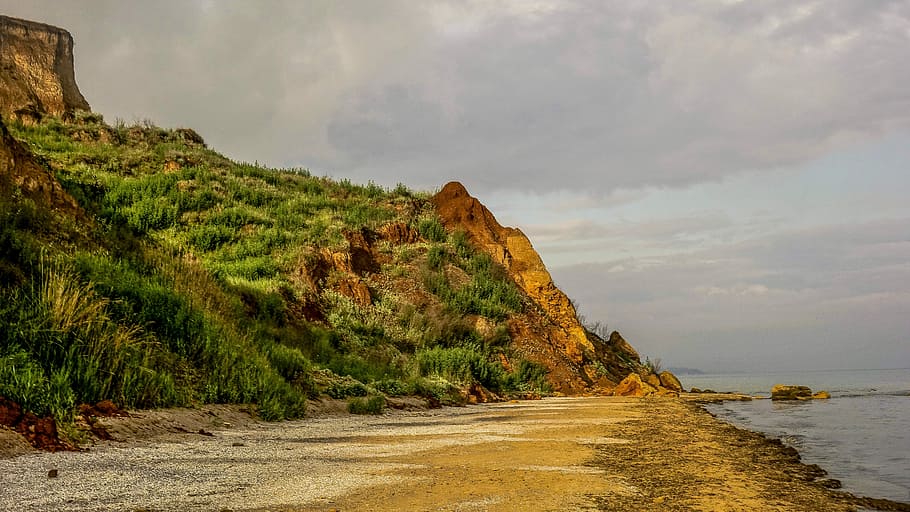 Sea, Partly Cloudy, Beach, Mountain, grass, sand, cloud - sky HD wallpaper
