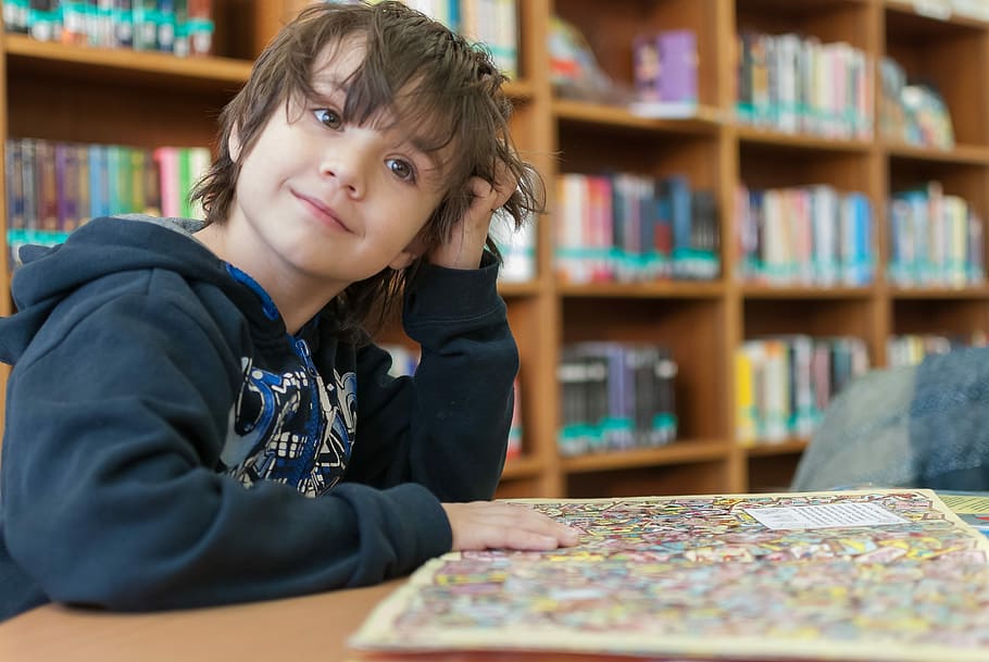 girl sitting in front of book, shelf, library, education, inside HD wallpaper