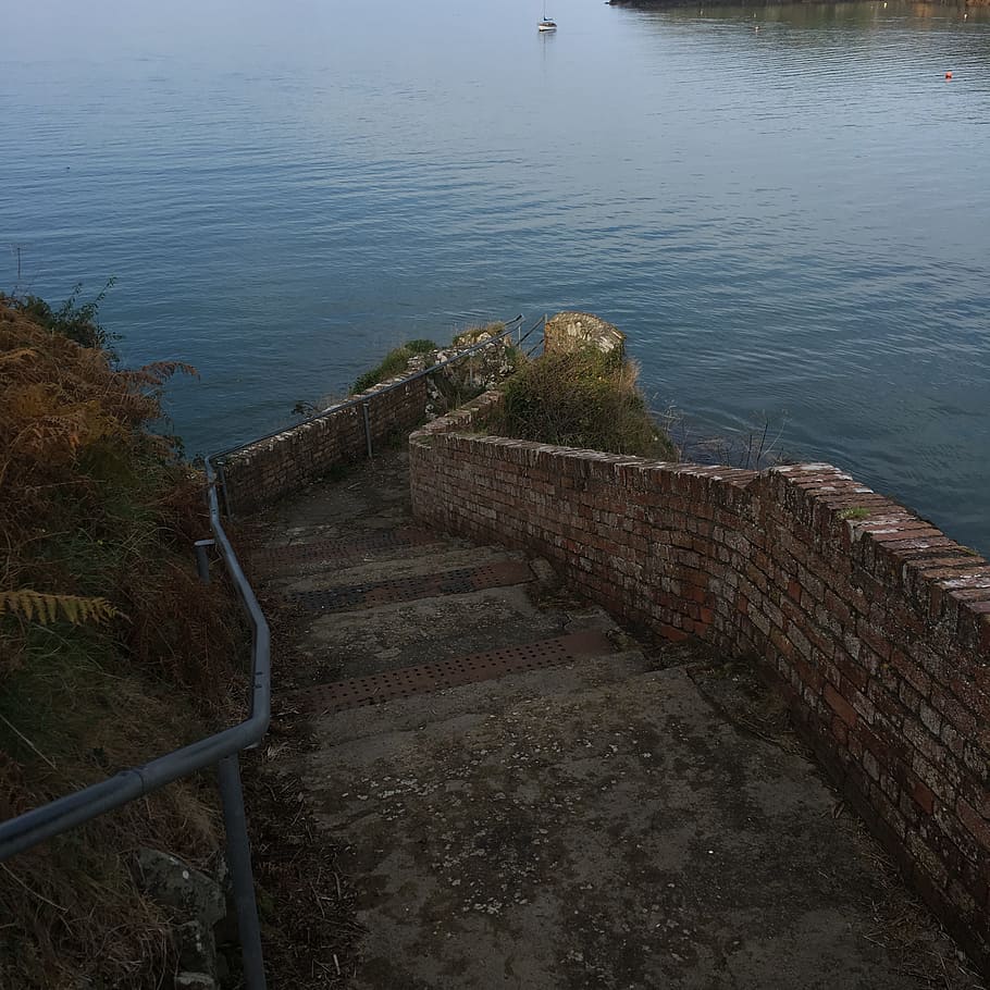steps, sea, fishguard, water, high angle view, architecture HD wallpaper