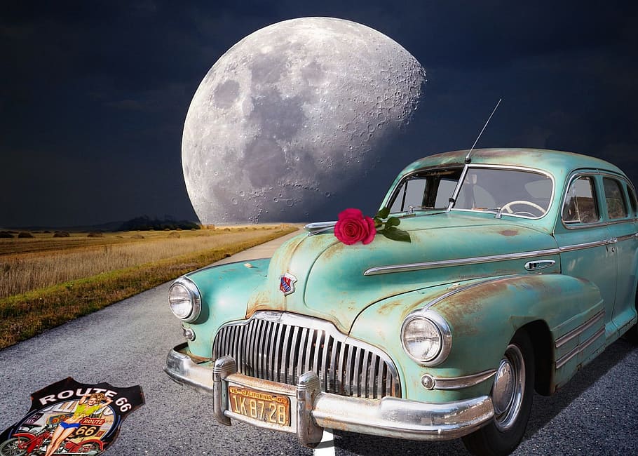 classic green car parked near moon, Oldtimer, Old Car, Automotive, HD wallpaper