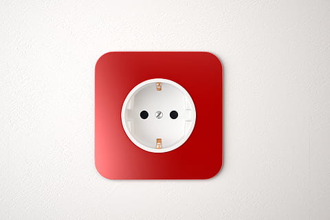 square red and white plastic device, red power, socket, white wall HD wallpaper