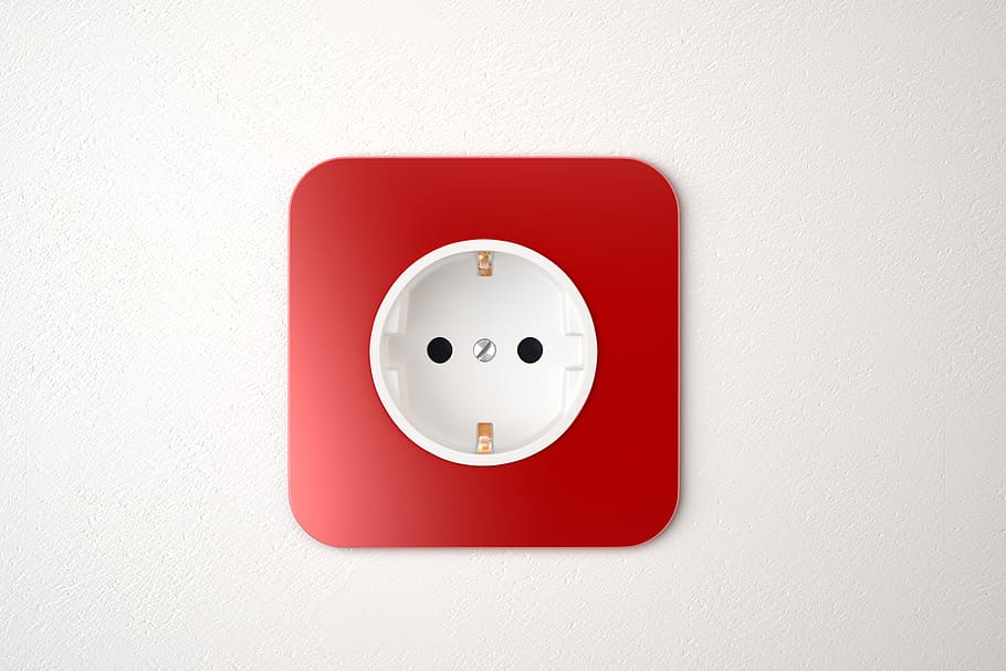 square red and white plastic device, red power, socket, white wall HD wallpaper
