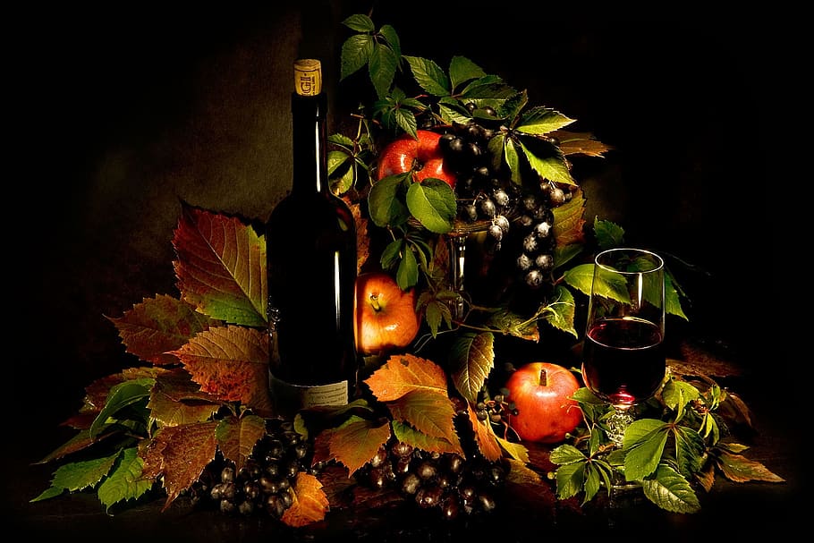 apples, grapes, wine bottle, and wine glass, bulle, still life HD wallpaper