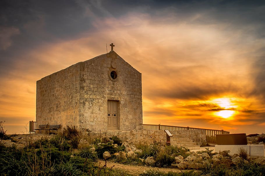 gray concrete chursh, sunset, sunrise, cross, monastery, religion HD wallpaper