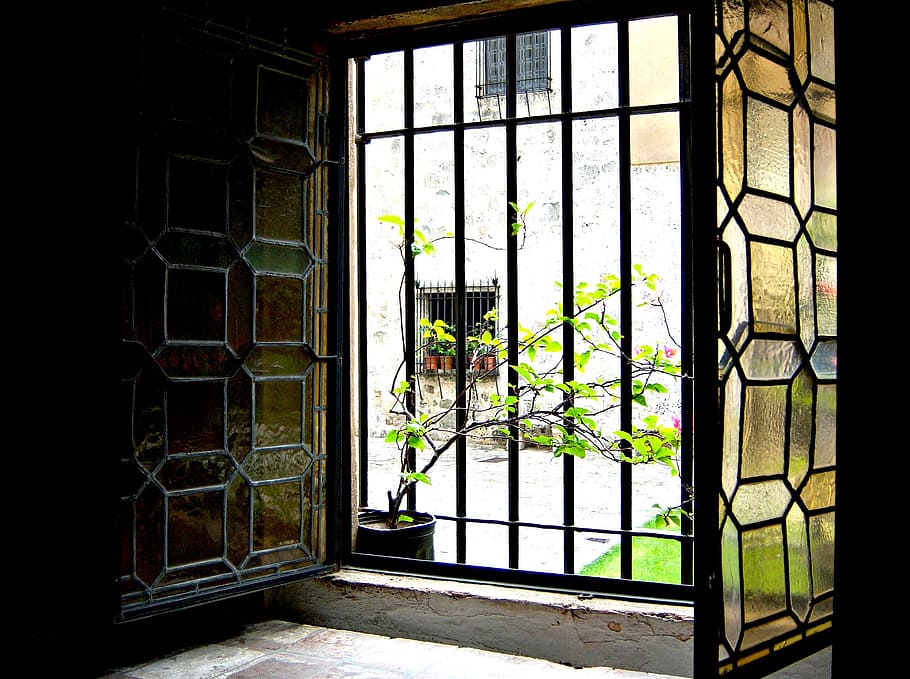 opened black metal-framed glass window, stained glass, light HD wallpaper
