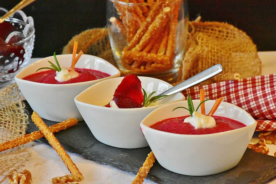 three white ceramic sauce bowls, beetroot, dip, mousse, starter HD wallpaper