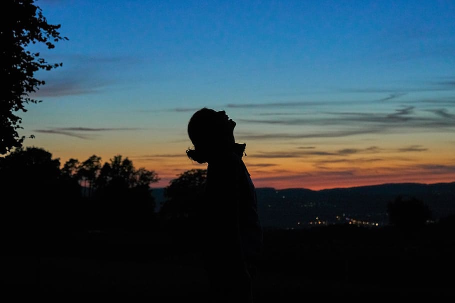 abendstimmung, silhouette, sunset, sky, one person, nature HD wallpaper