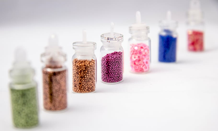 assorted-color glitter bottles, jars, tinsel, capacity, manicure, HD wallpaper