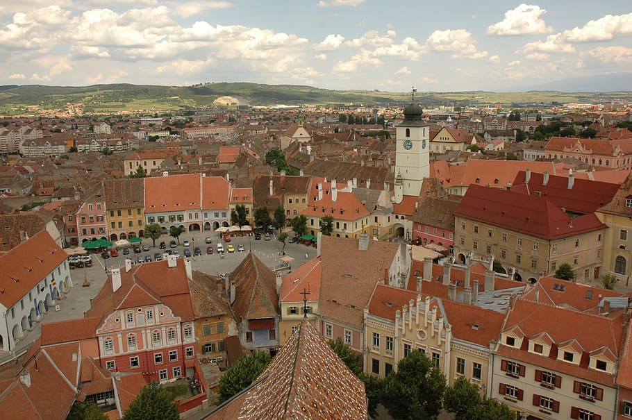 aerial view of brown concrete buildings, sibiu, city, medieval, HD wallpaper