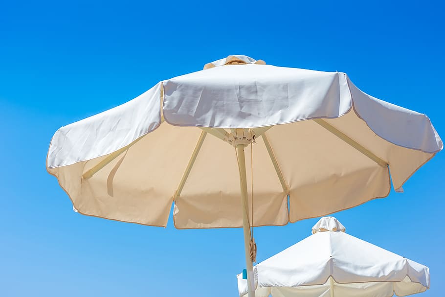 beach, umbrella, blue, sky, summer, vacation, coast, sunny HD wallpaper