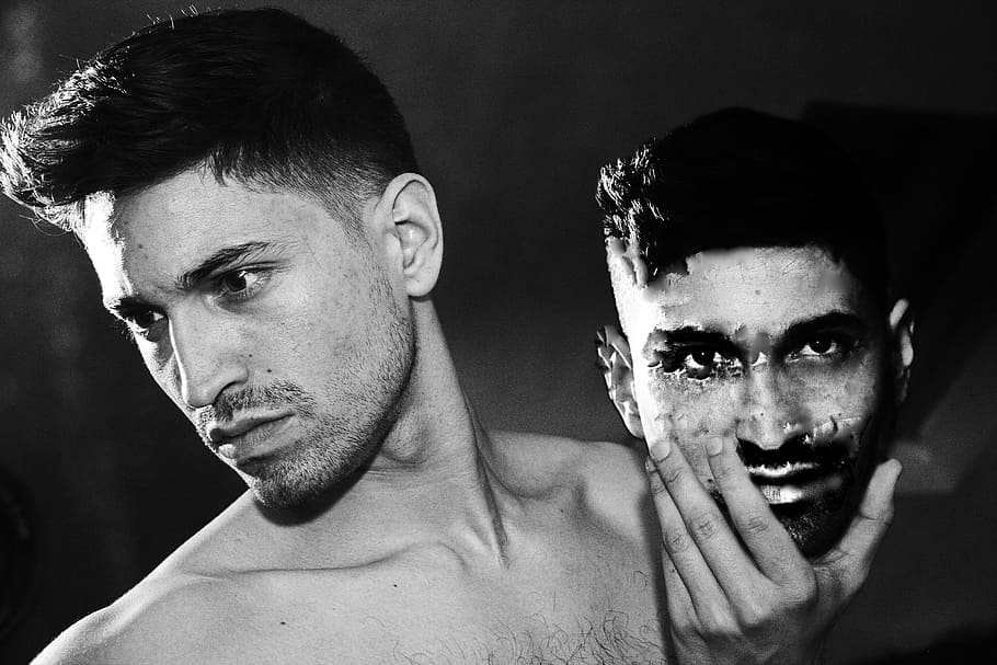 gray scale photo of man holding man's face, head, imagination HD wallpaper