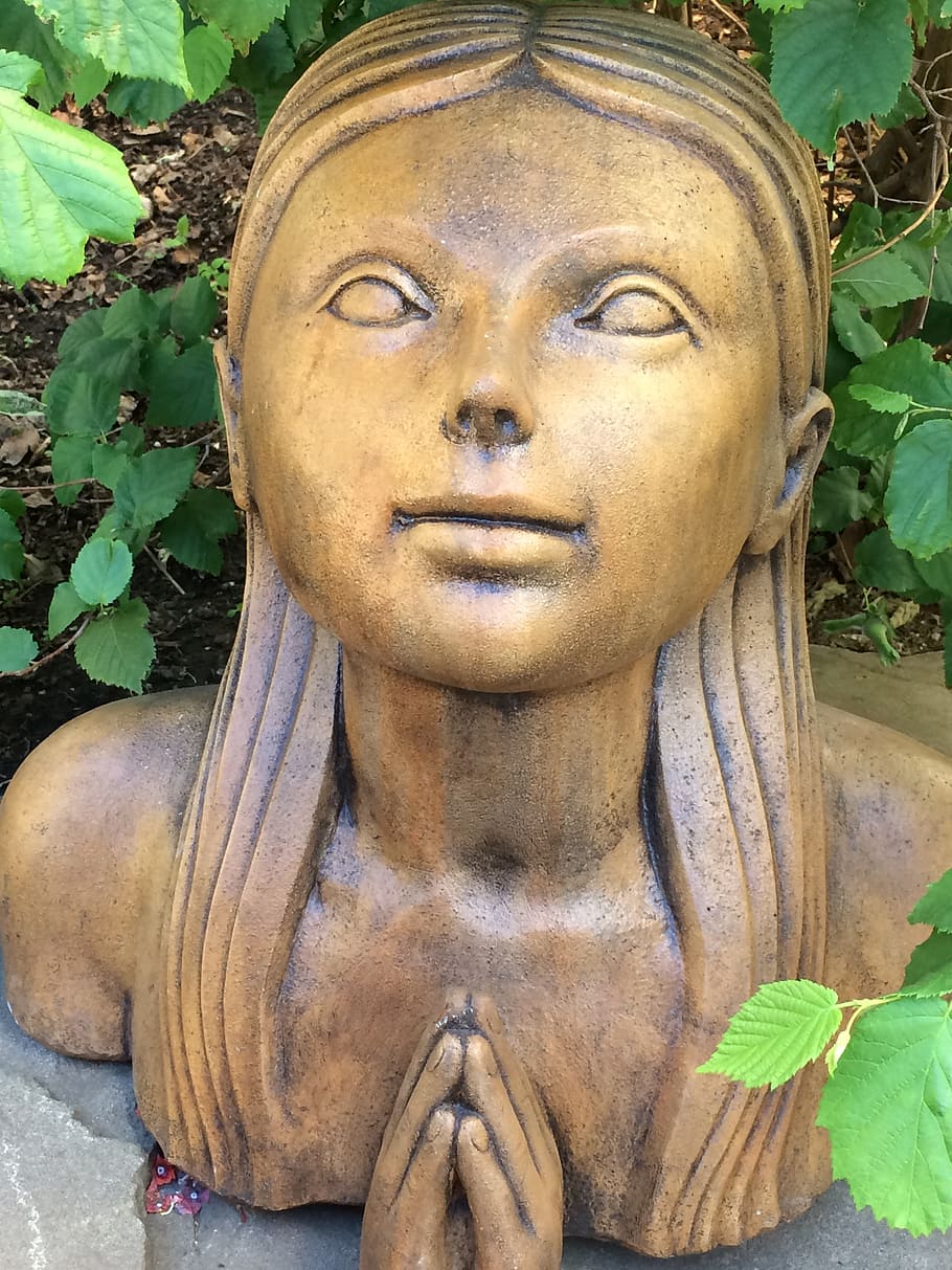 girl statue, garden decoration, praying, sculpture, woman, face, HD wallpaper